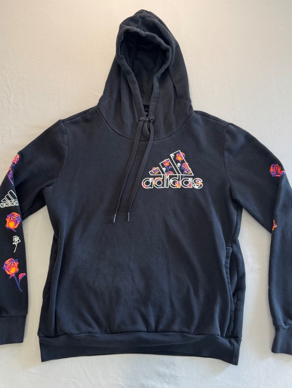 Adidas Floral Rose Graphic Hoodie Black Multicolor Sleeves Y2K Streetwear Skater